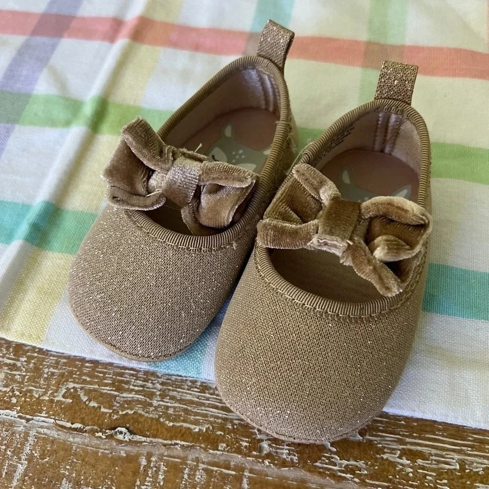 H&M baby girl flats shoes glitter velvet gold sparkles bow